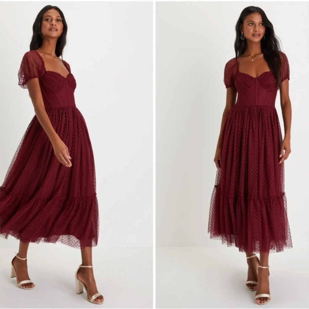 LULU's Sexy Wedding Elegant Boho Flowy Romantic Sweet Swiss Dot Tulle Chic Midi - Picture 3 of 8